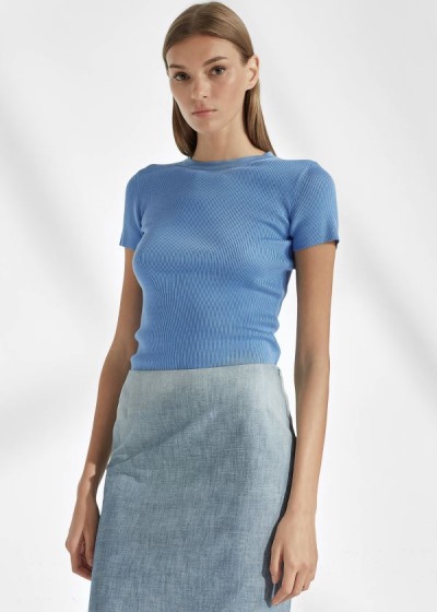 Playeras Ralph Lauren Mujer Azules Claro - Rib-Knit Silk - HBWAQ0136